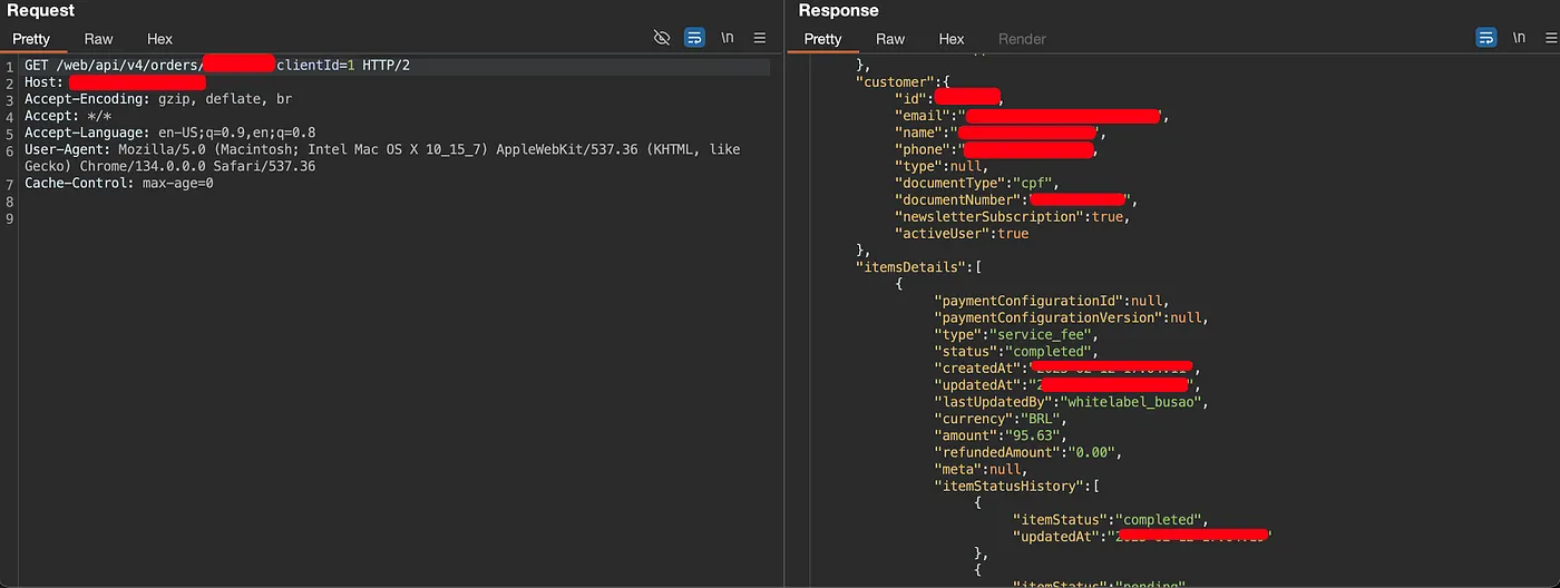 Resposta da API mostrando dados de pedido